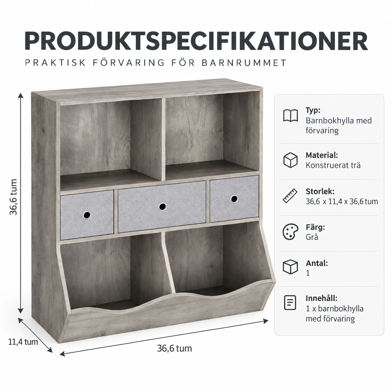 Barnbokhylla med lådor och förvaring, grå