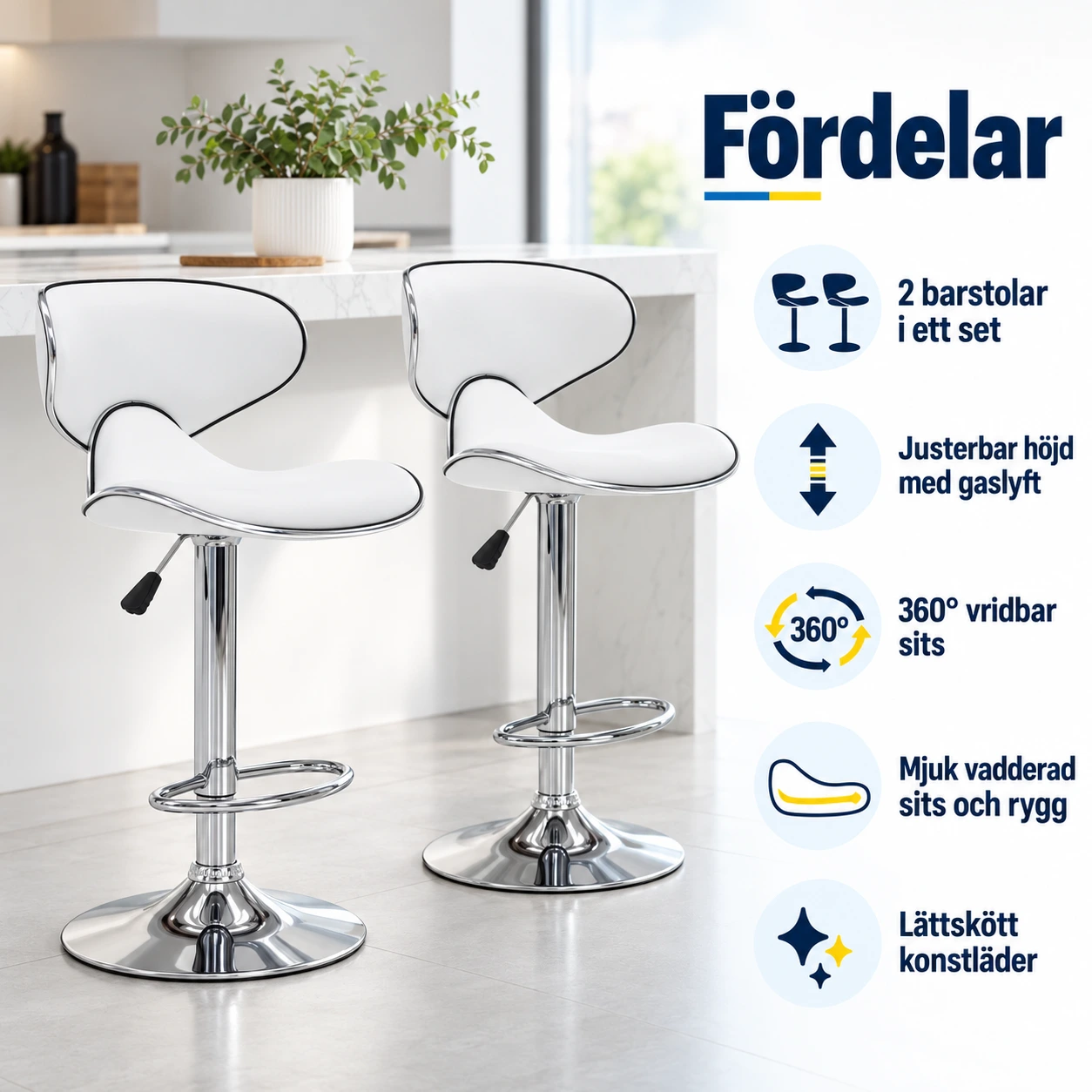 Justerbara barstolar för köksö och bardisk, 2-pack