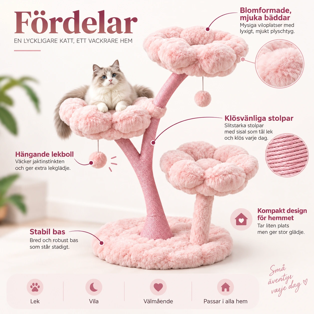 Klösträd för katt med blomformade bäddar, rosa 105 cm