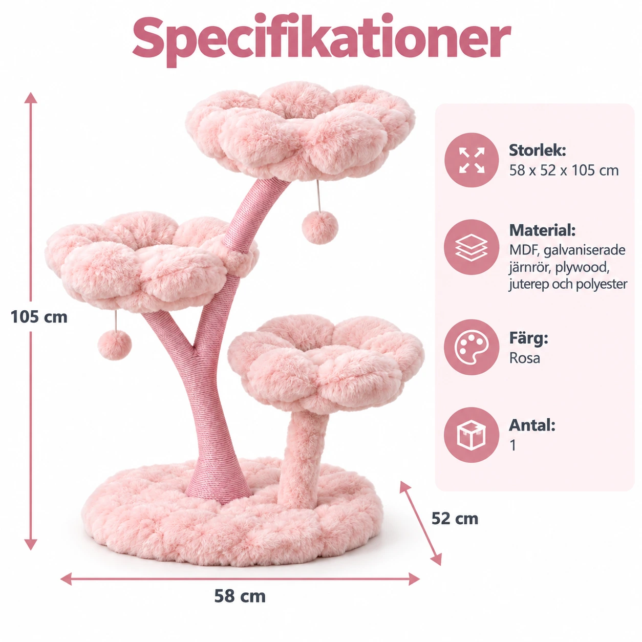 Kissan raapimispuu kukkapedeillä, vaaleanpunainen 105 cm