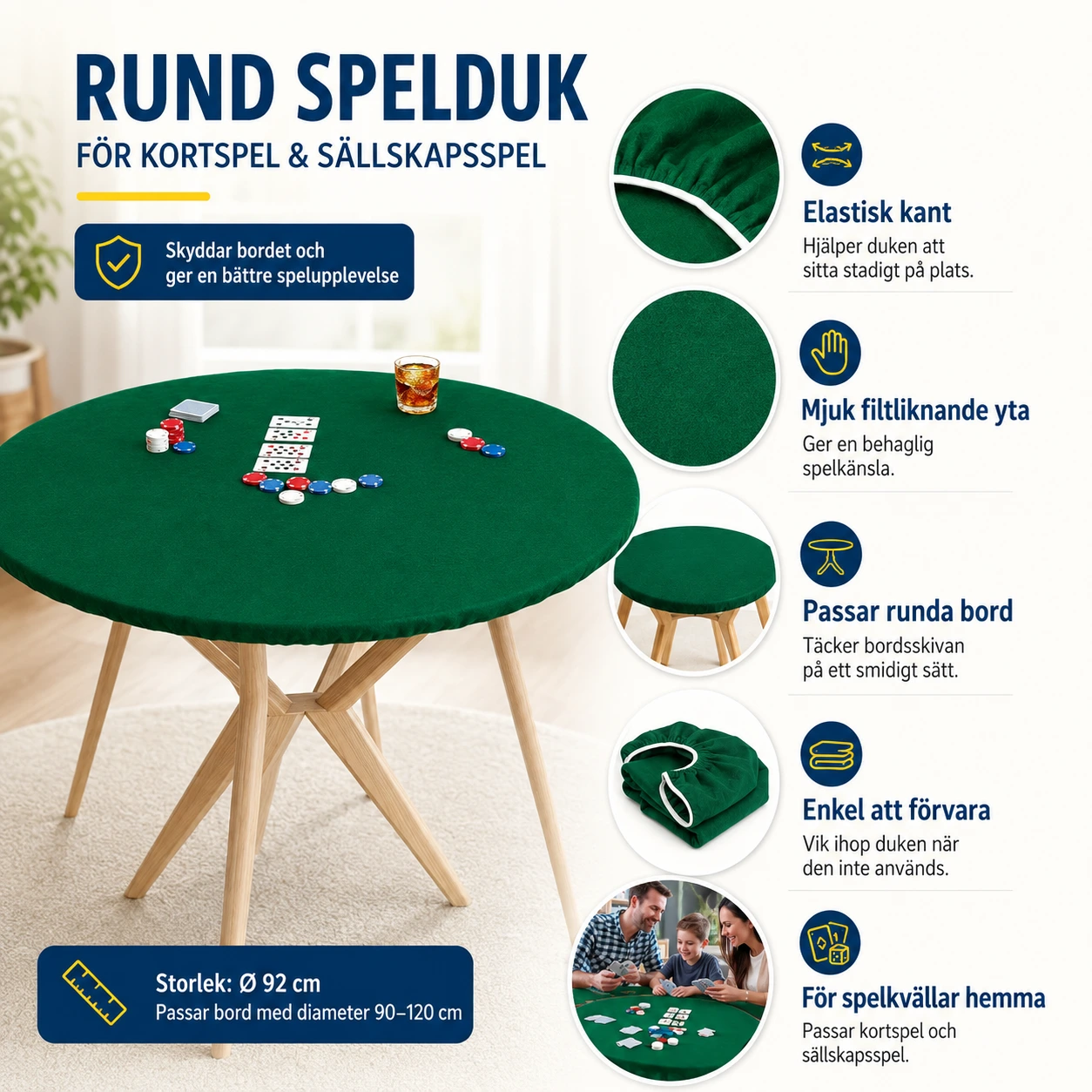Spelduk för runt bord med elastisk kant