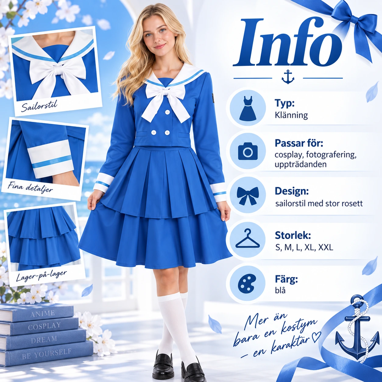 Naisten merimiestyylinen mekko sinisellä hameella ja rusetilla