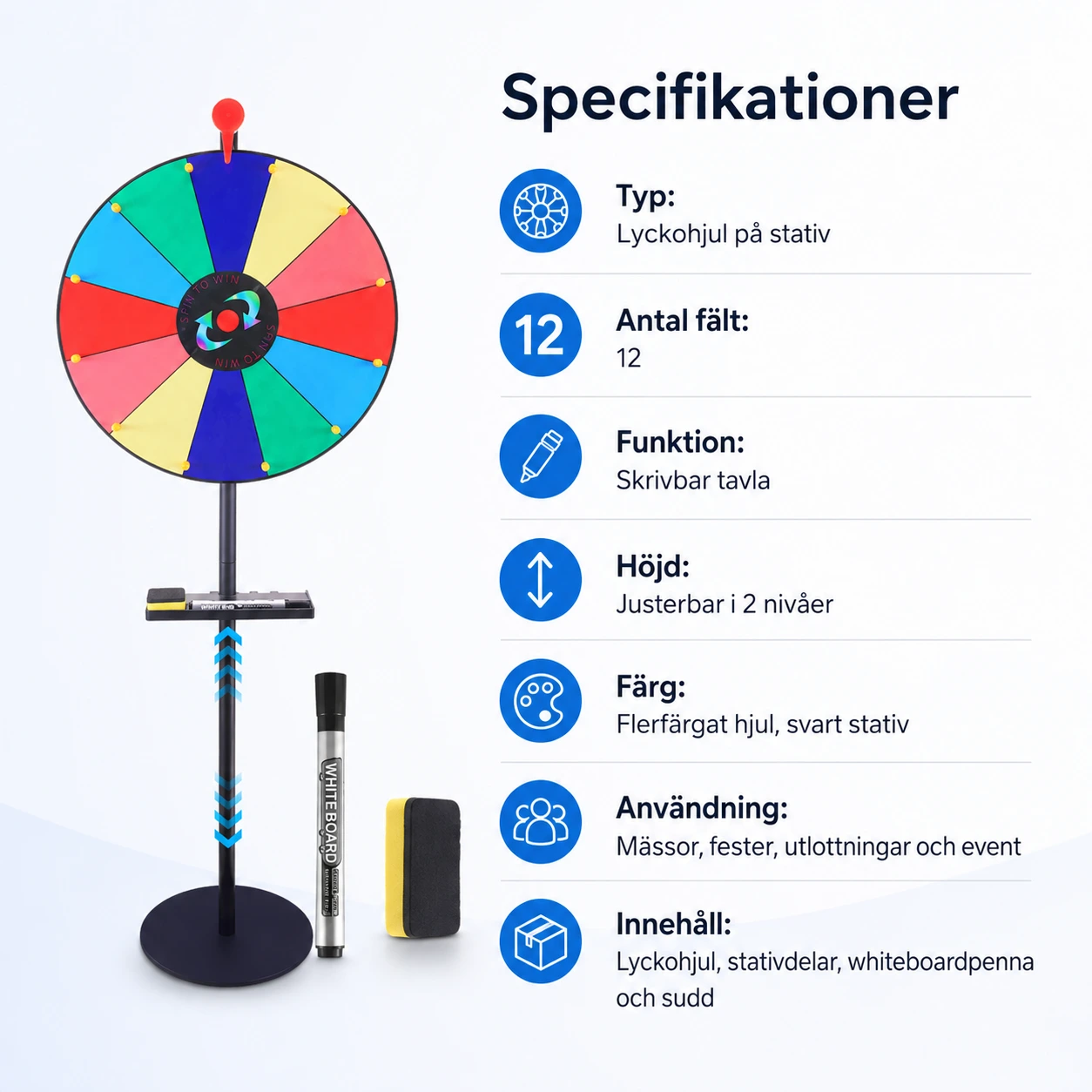 Lyckohjul på stativ med skrivbar tavla och justerbar höjd
