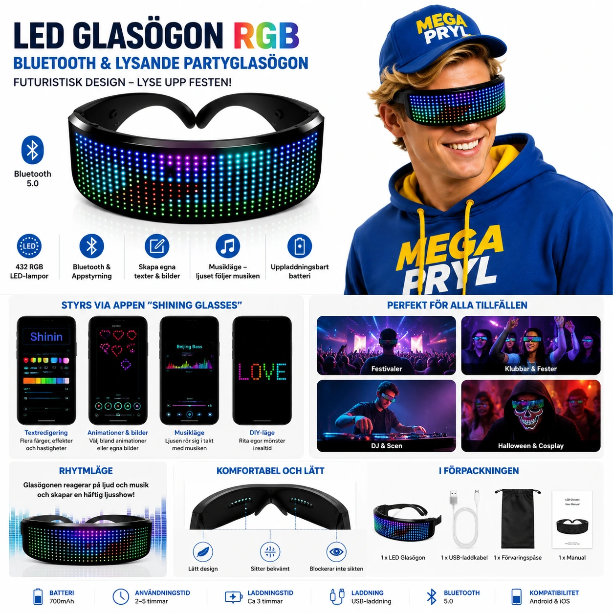 LED Glasögon RGB – Bluetooth & Lysande Partyglasögon