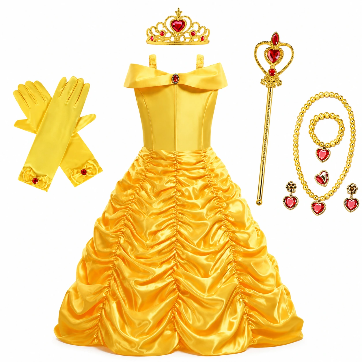 Guldfärgad prinsessklänning för barn med accessoarer