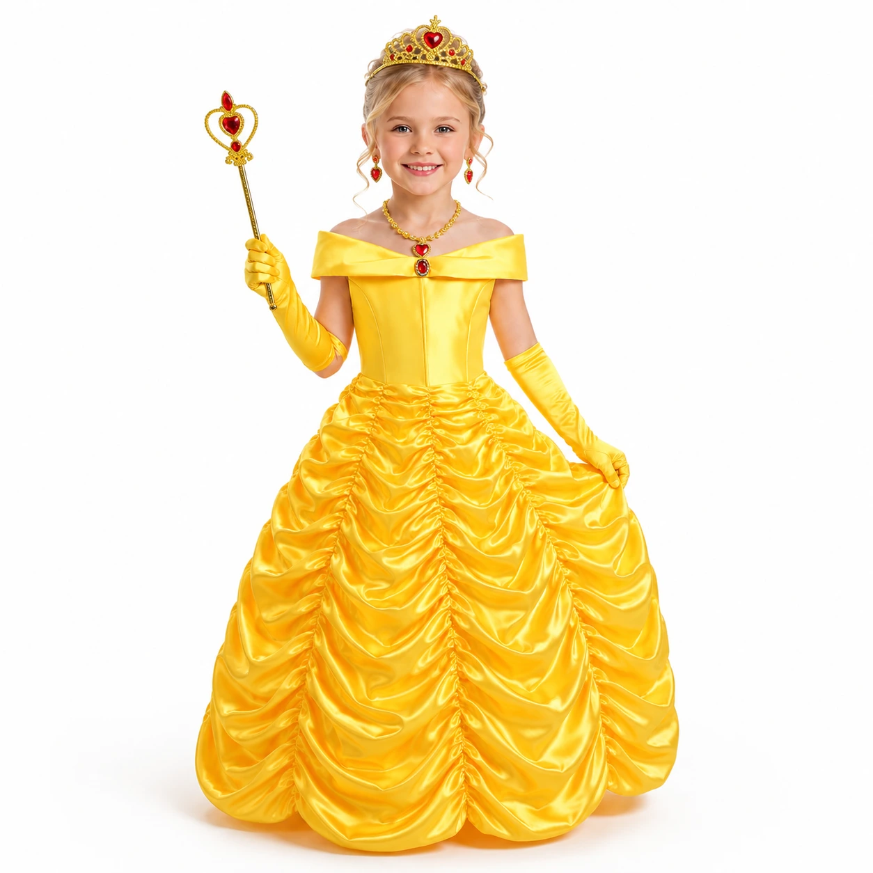 Guldfärgad prinsessklänning för barn med accessoarer