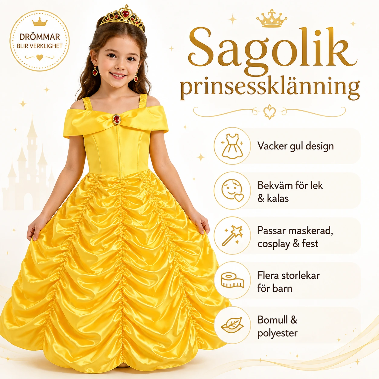 Guldfärgad prinsessklänning för barn med accessoarer