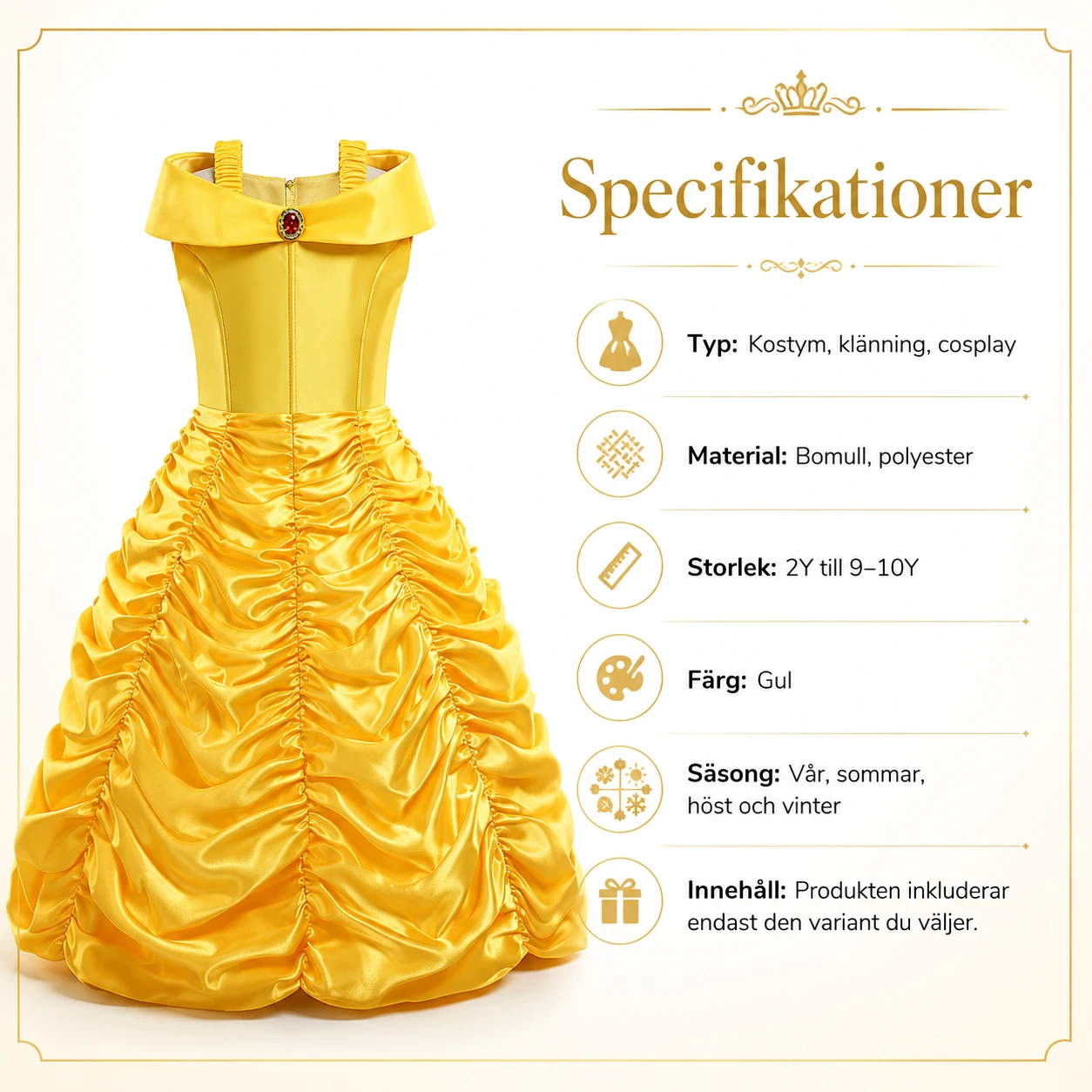 Guldfärgad prinsessklänning för barn med accessoarer