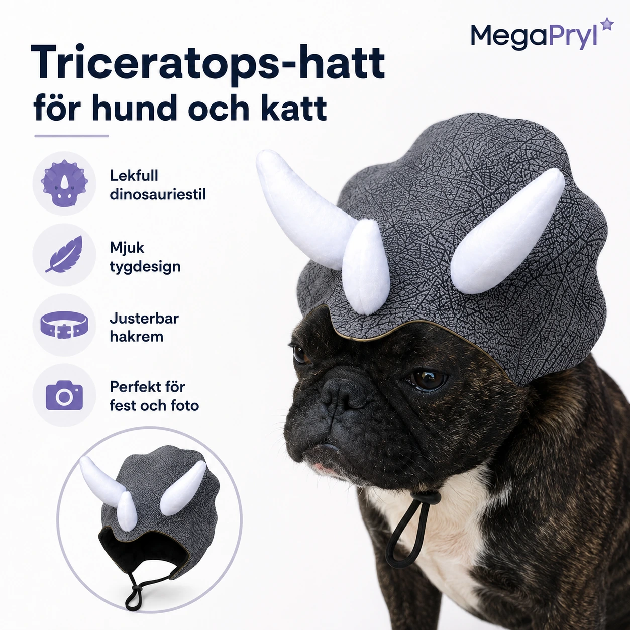 Triceratops-hatt för hund och katt i tyg