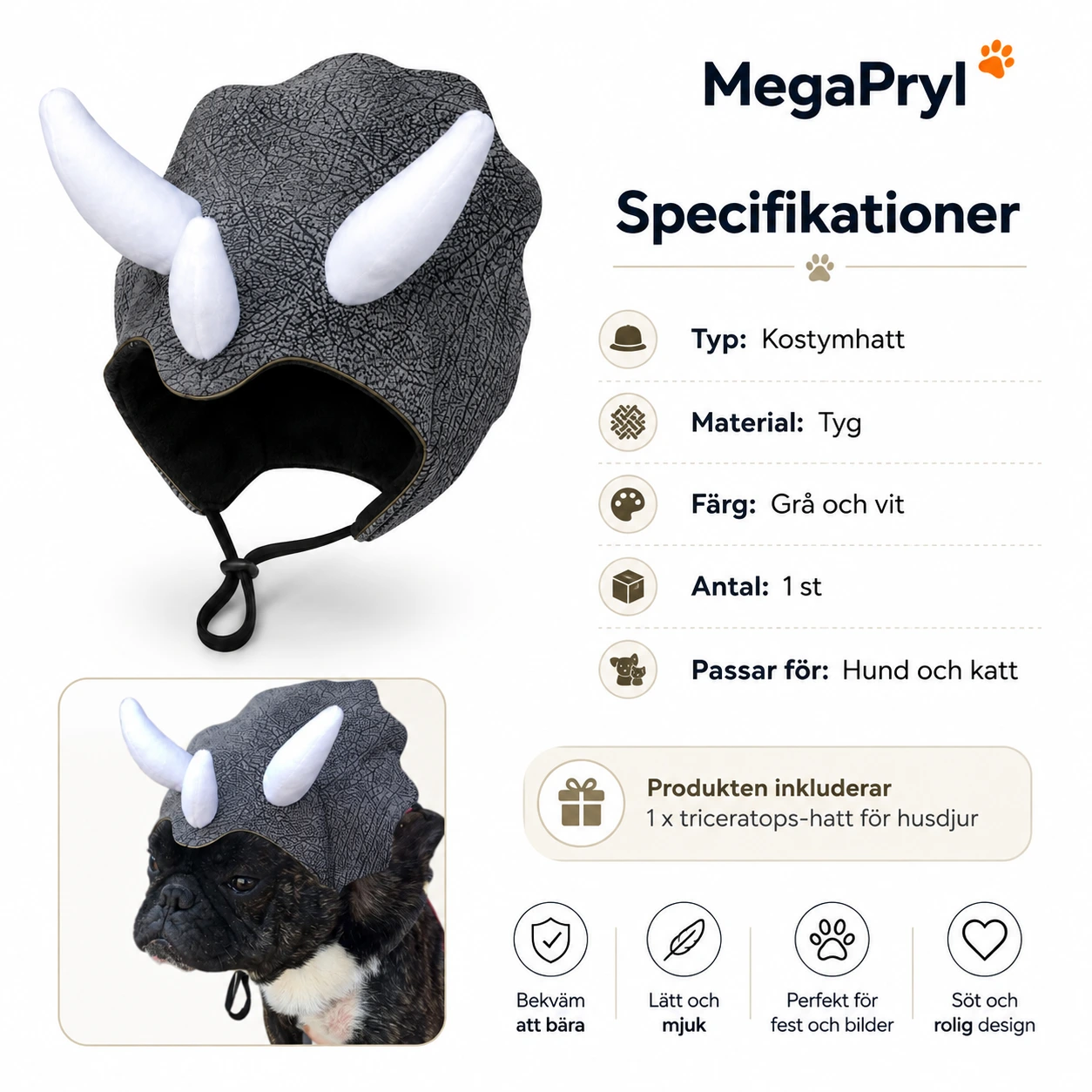Triceratops-hatt för hund och katt i tyg