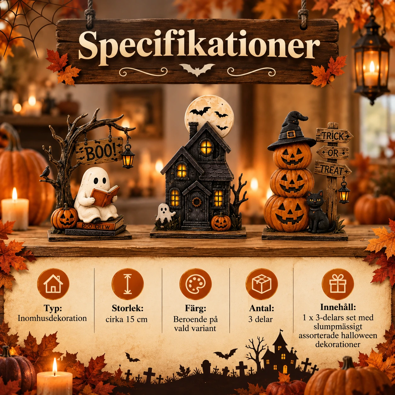 Halloween dekoration för hylla, 3 delar