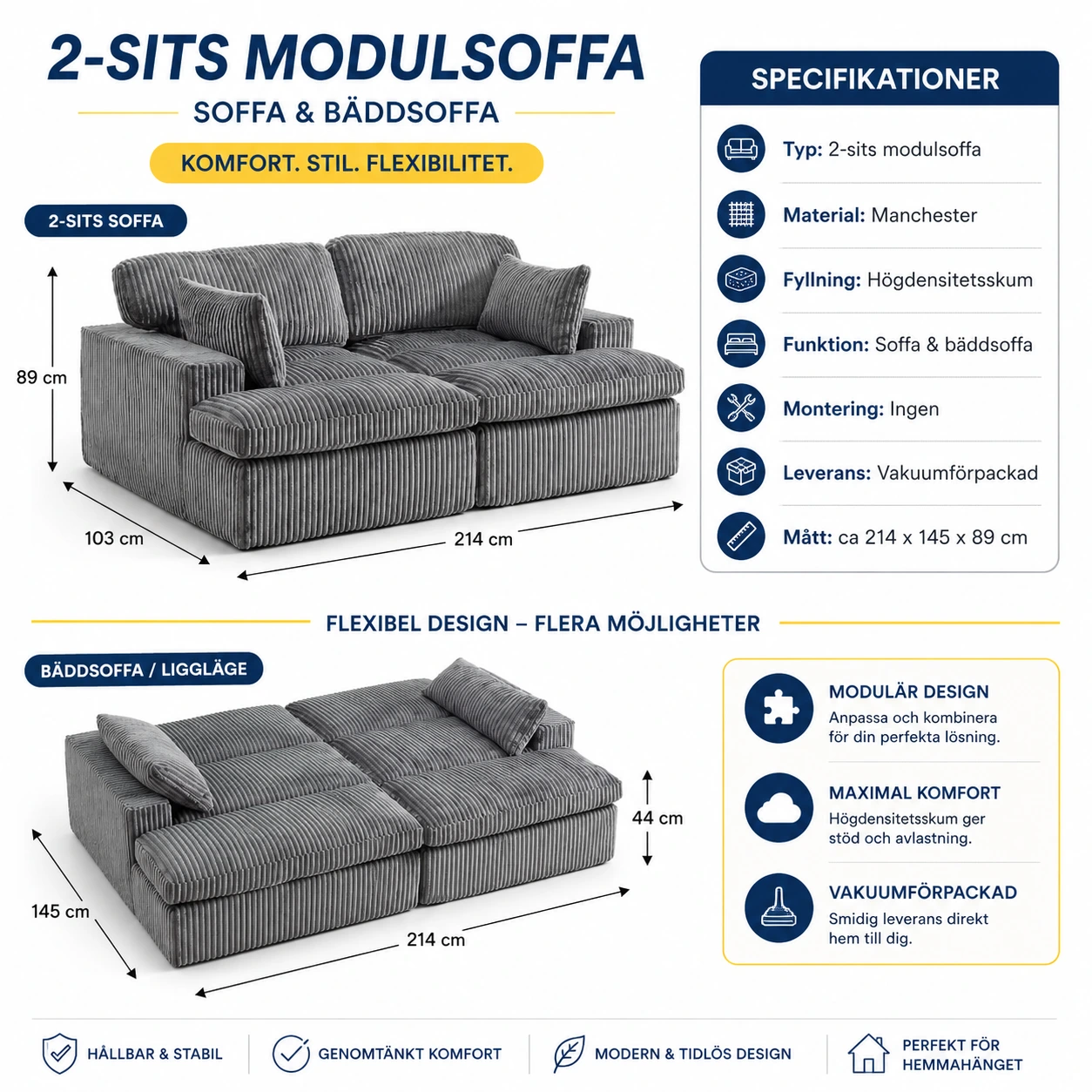 Bäddsoffa 2-Sits i Manchester Modulsoffa