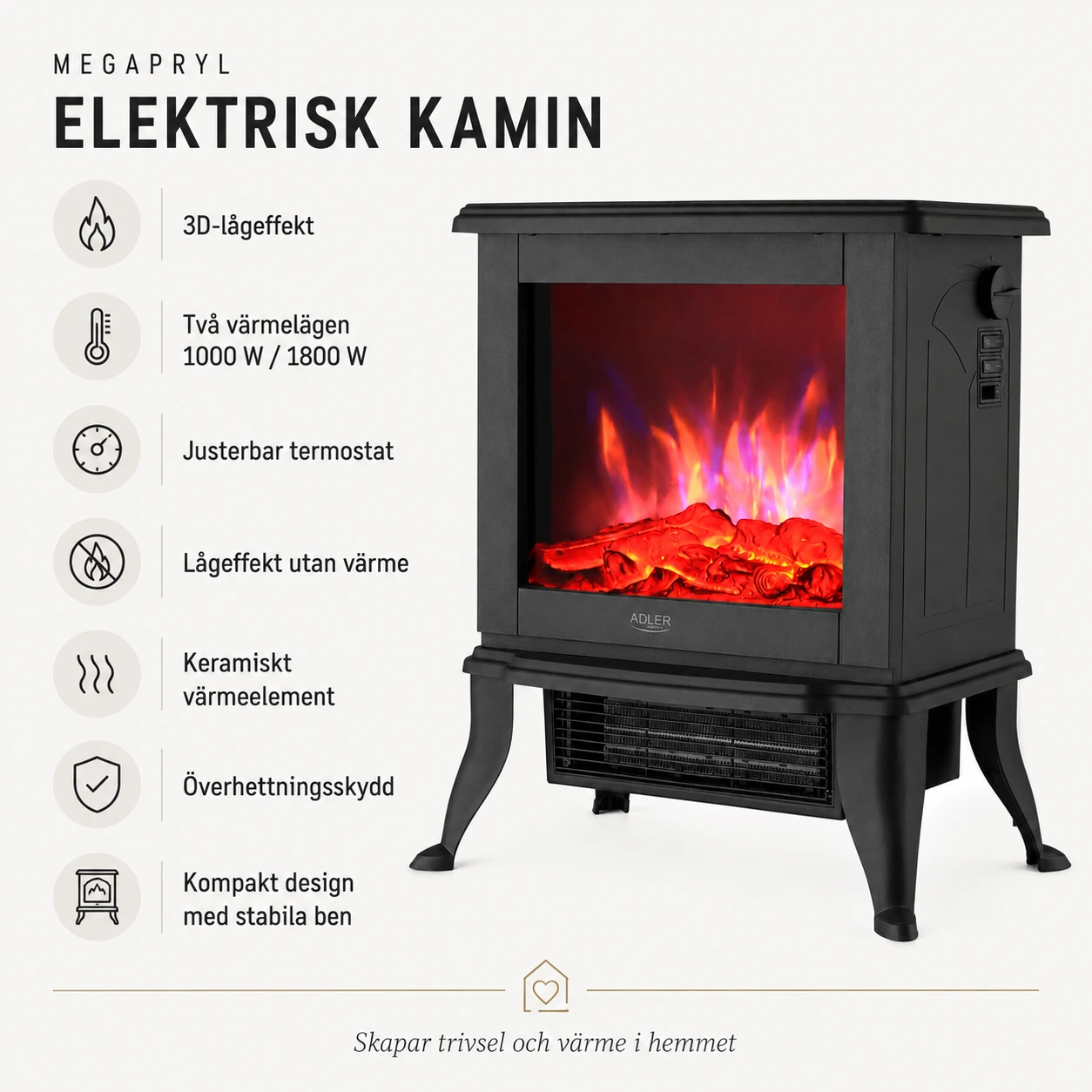 Elektrisk kamin med 3D-lågeffekt och termostat