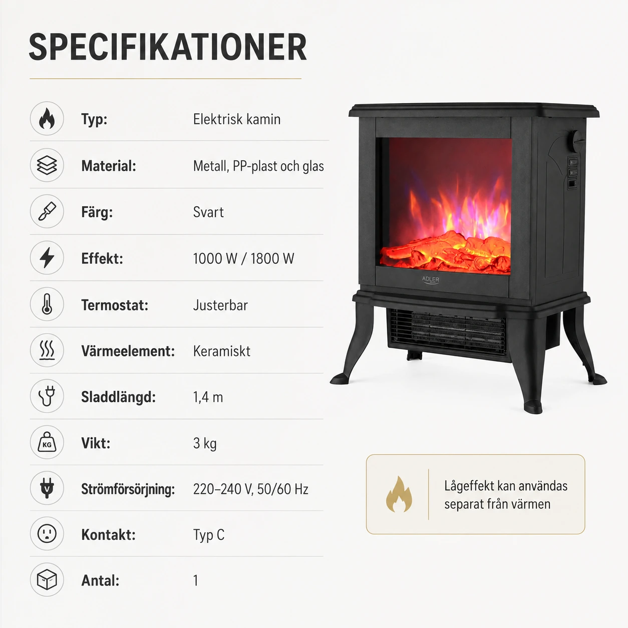 Elektrisk kamin med 3D-lågeffekt och termostat