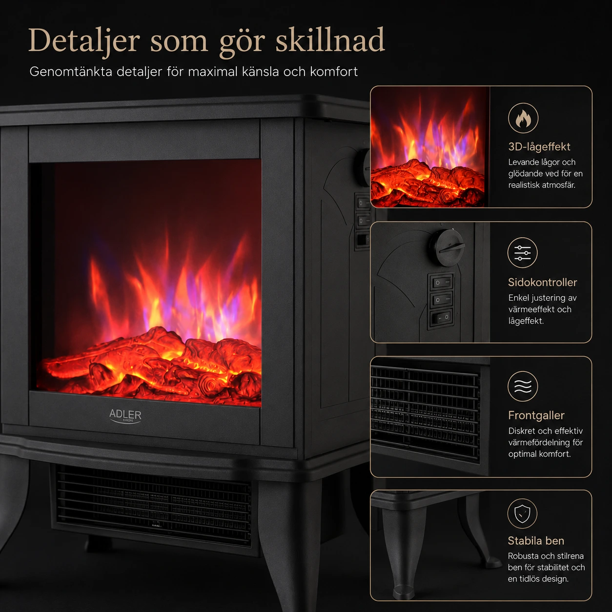 Sähkökamina 3D-liekkiefektillä ja termostaatilla