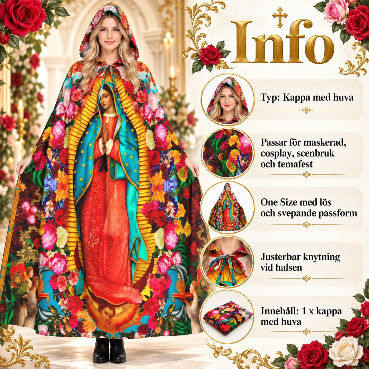 Mönstrad Jungfru Maria Mantel med Luva och Blomstermotiv