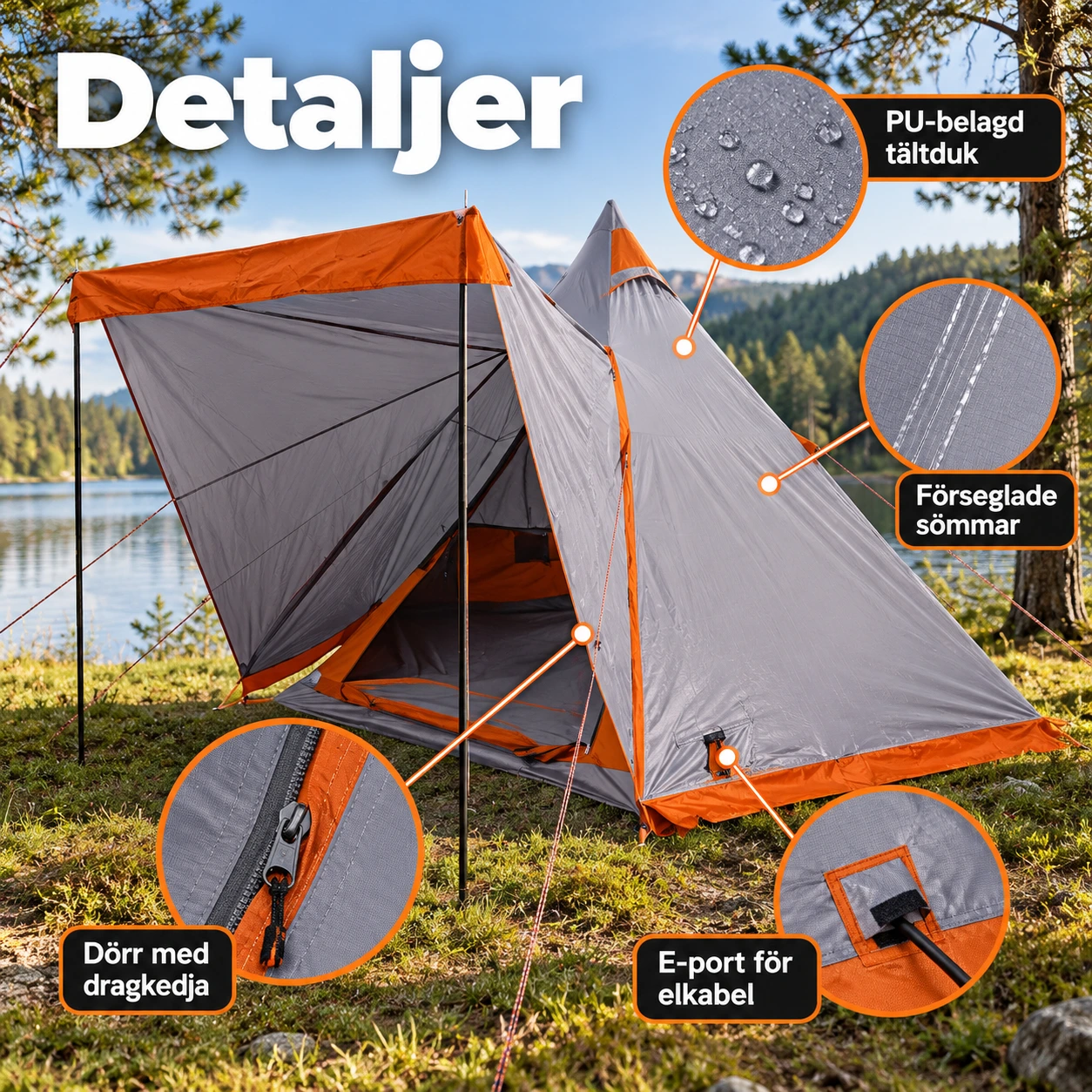 Campingtält med avtagbart yttertak och e-port