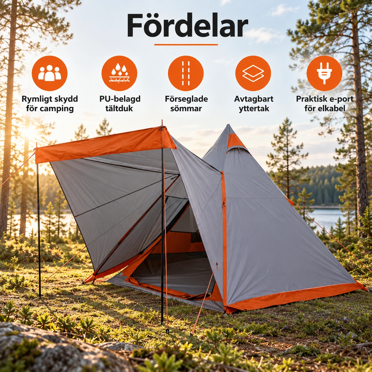 Campingtält med avtagbart yttertak och e-port