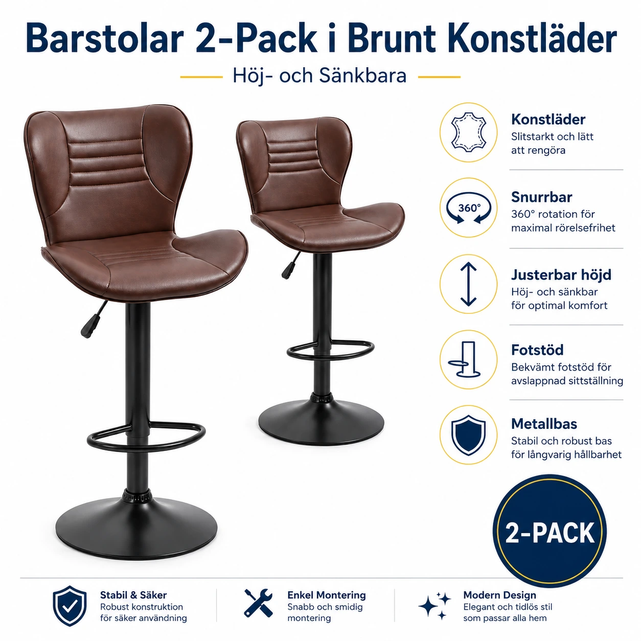 Barstolar 2-Pack i Brunt Konstläder – Höj- och Sänkbara