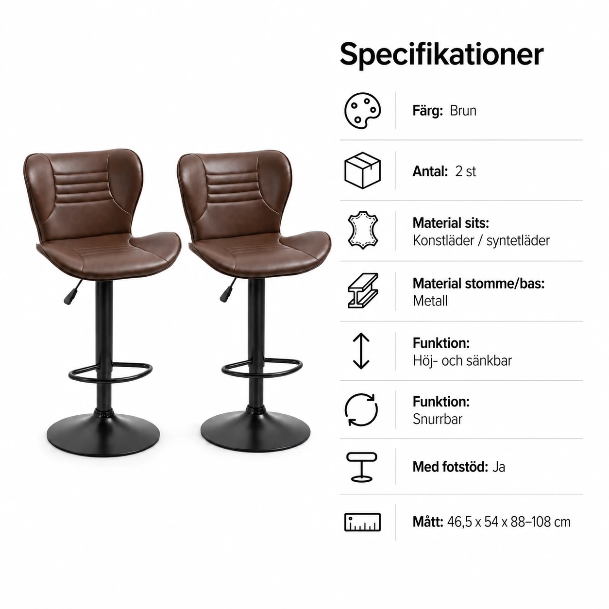 Barstolar 2-Pack i Brunt Konstläder – Höj- och Sänkbara