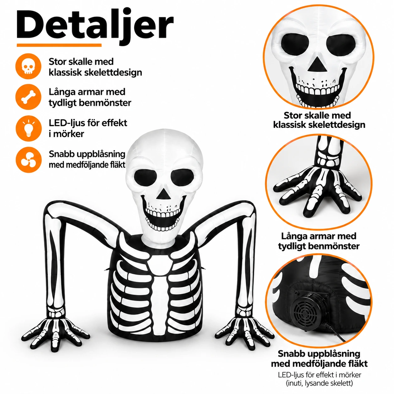 Ilmatäytteinen maasta nouseva luuranko LED-valoilla