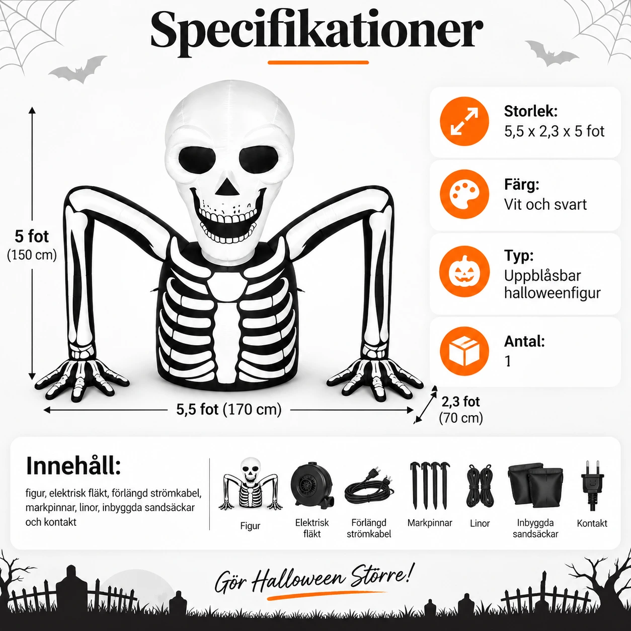Ilmatäytteinen maasta nouseva luuranko LED-valoilla