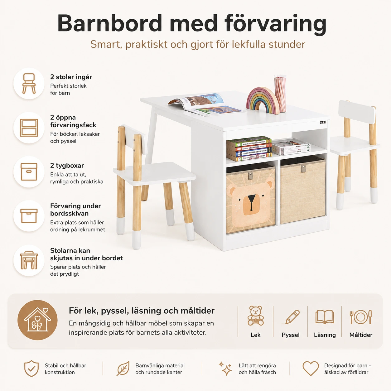 Barnbord med 2 stolar och förvaring