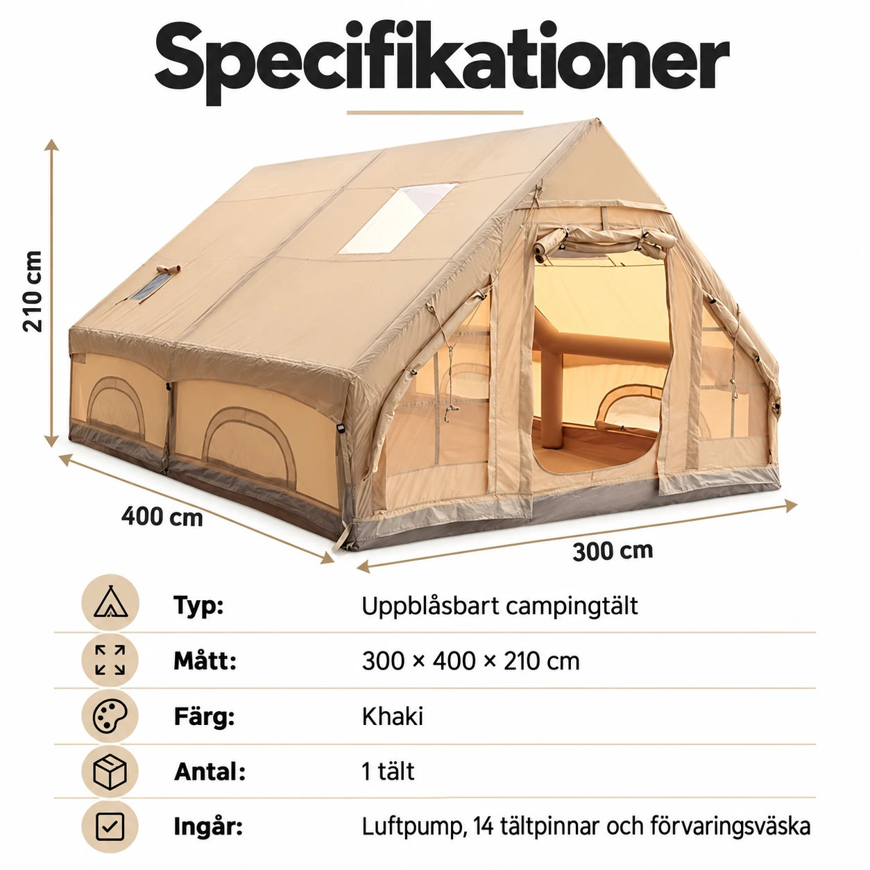 Uppblåsbart glampingtält 300 x 400 cm i khaki