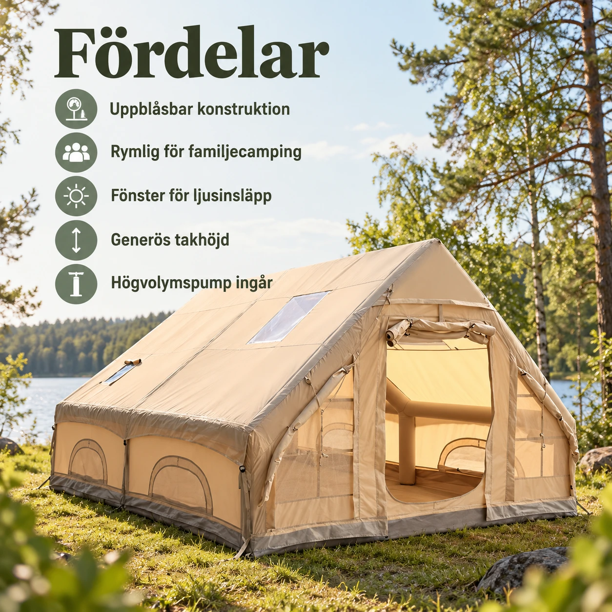 Uppblåsbart glampingtält 300 x 400 cm i khaki