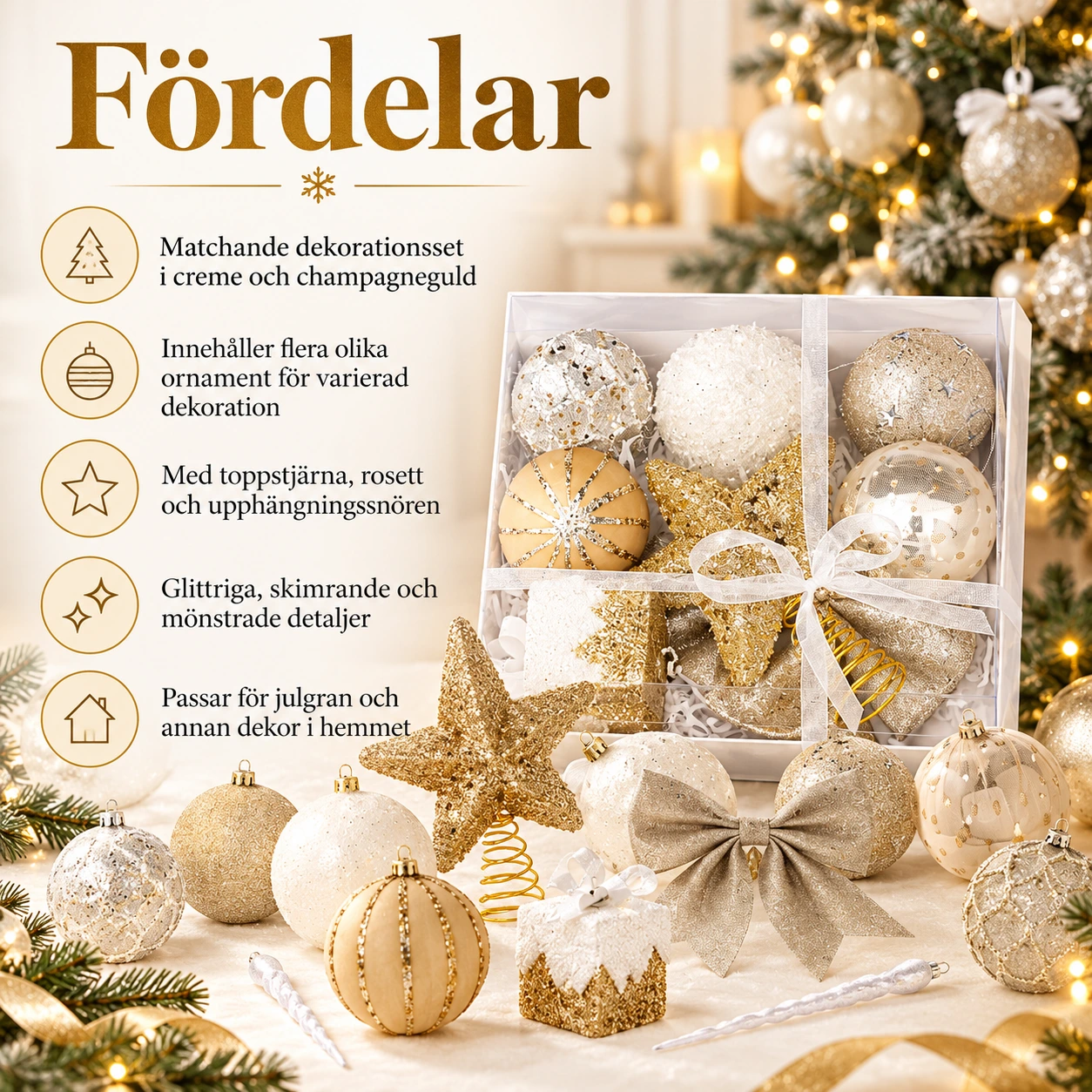 Julgranskulor och toppstjärna set i champagneguld, 18 delar