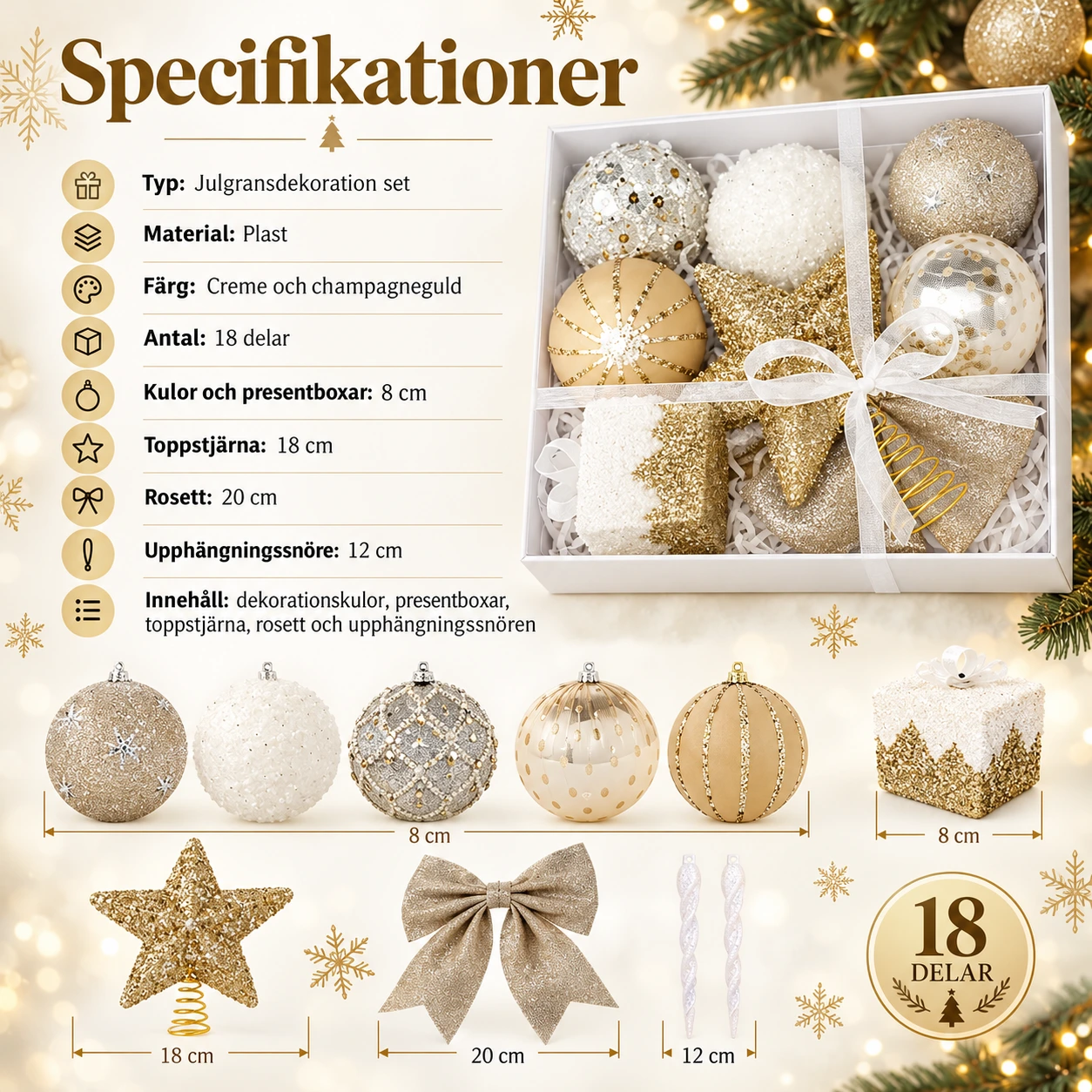 Julgranskulor och toppstjärna set i champagneguld, 18 delar