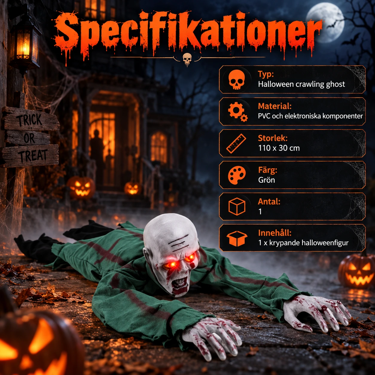 Rekvisita zombie med lysande ögon, grön