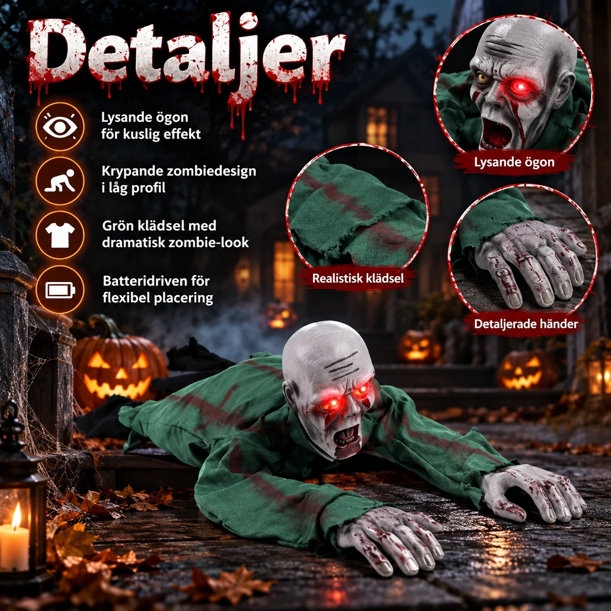 Rekvisita zombie med lysande ögon, grön