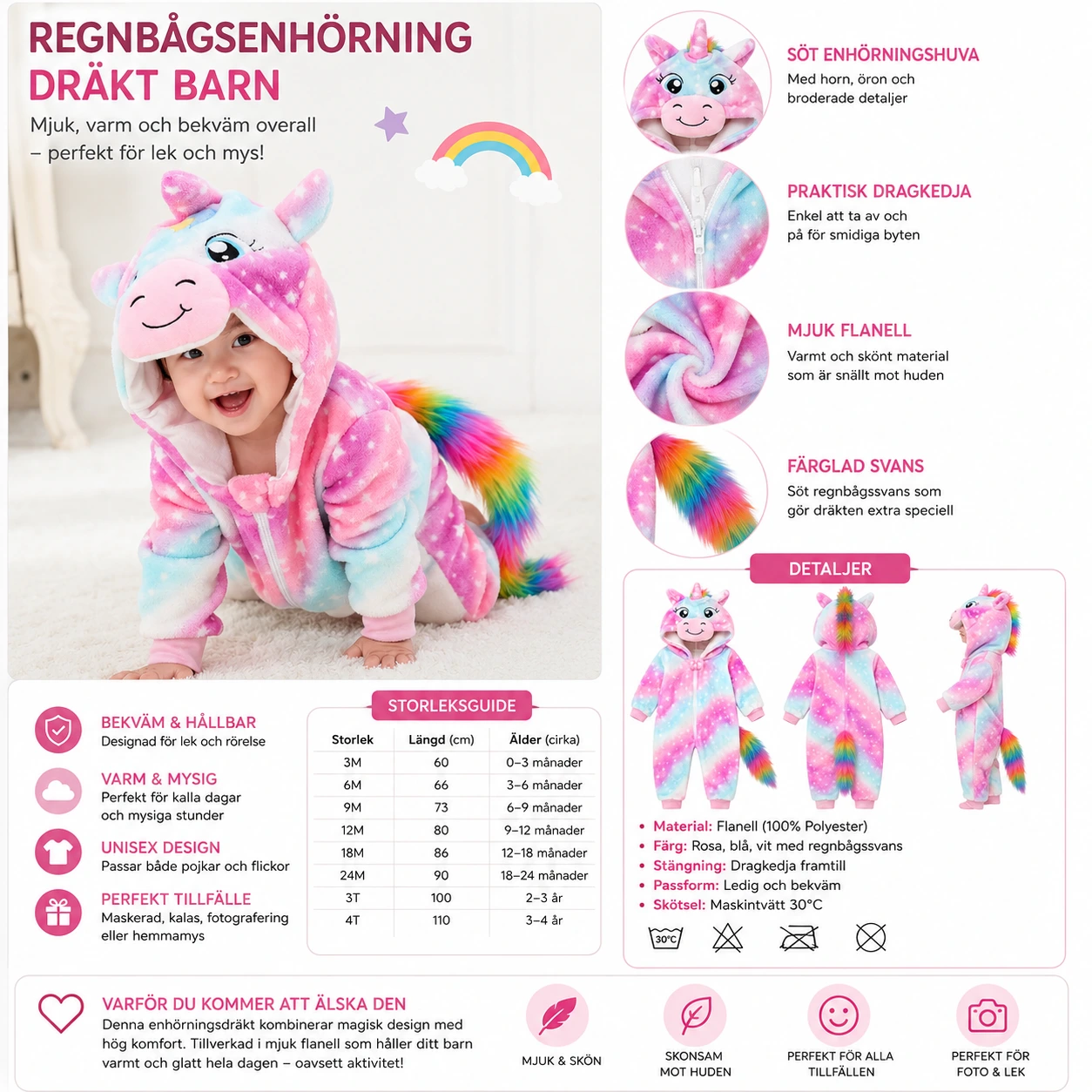 Regnbågsenhörning Dräkt Barn – Mjuk Flanelloverall med Huva