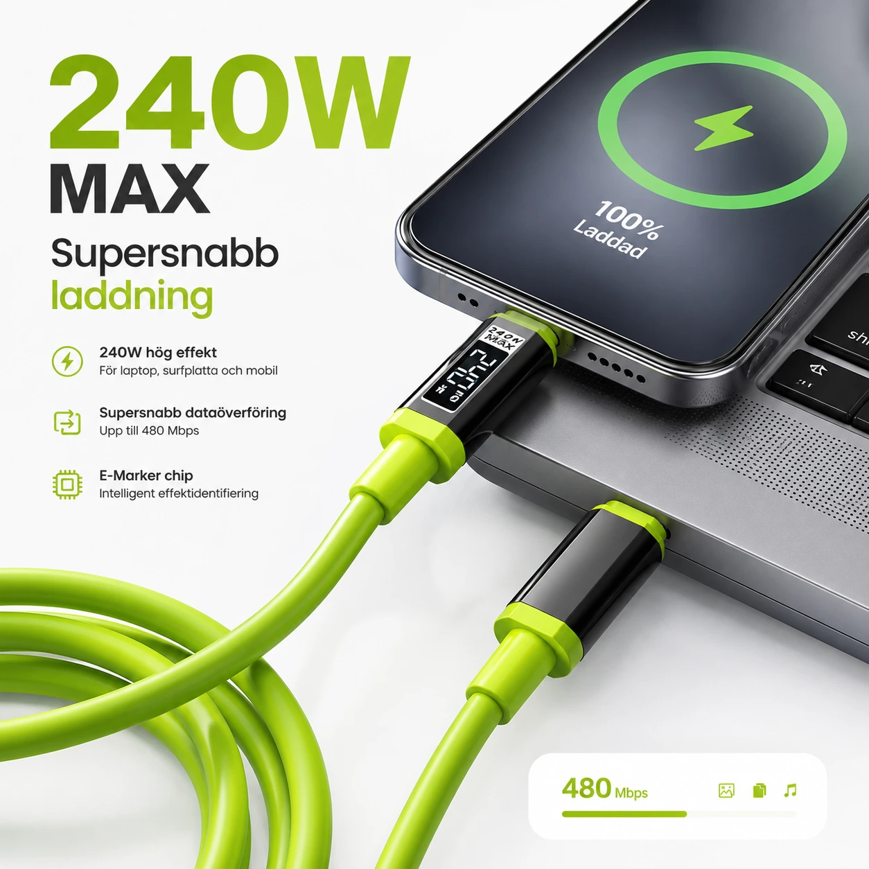 USB-C Laddkabel 240W med Display