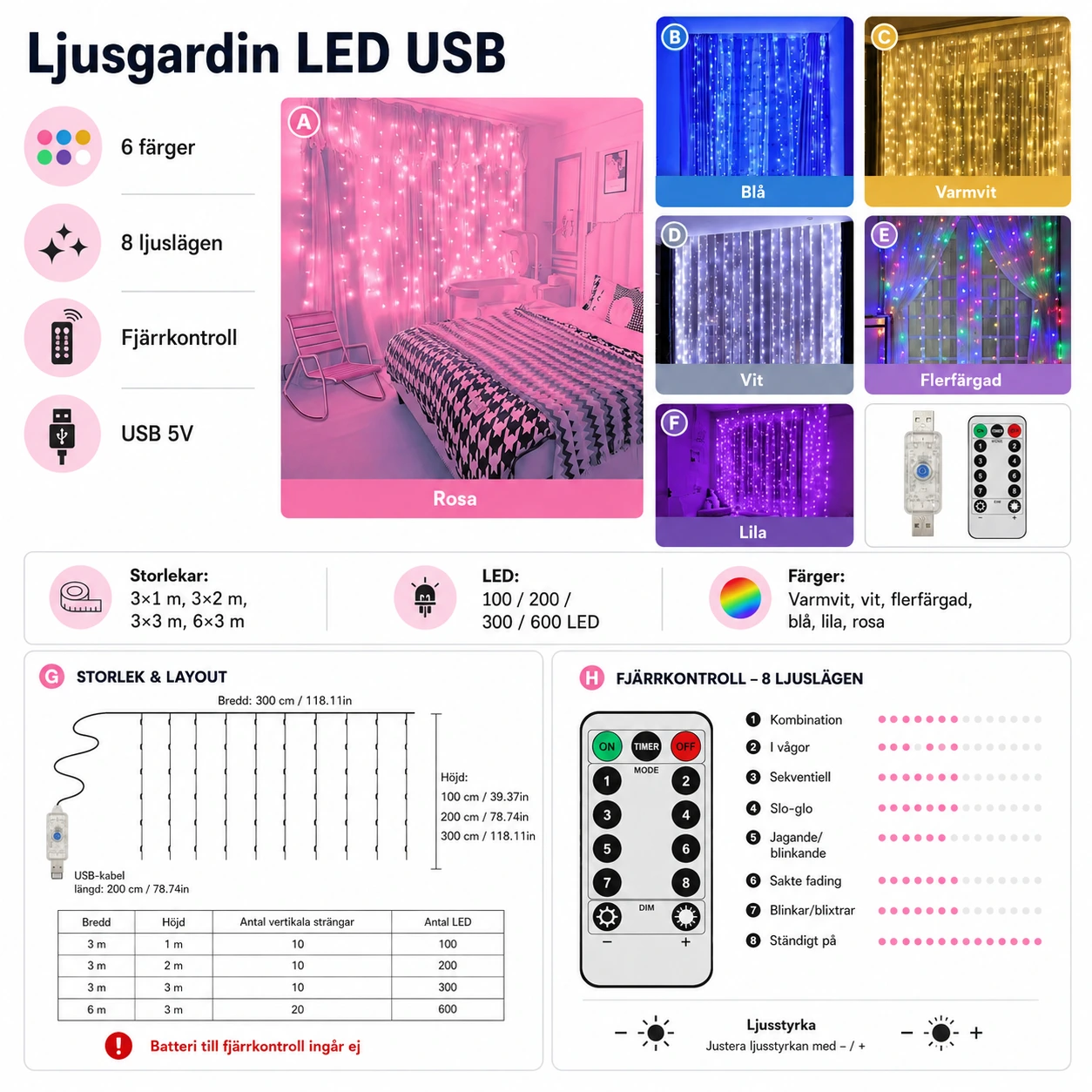 Ljusgardin LED USB – Dekorativ Ljusslinga med 8 Lägen