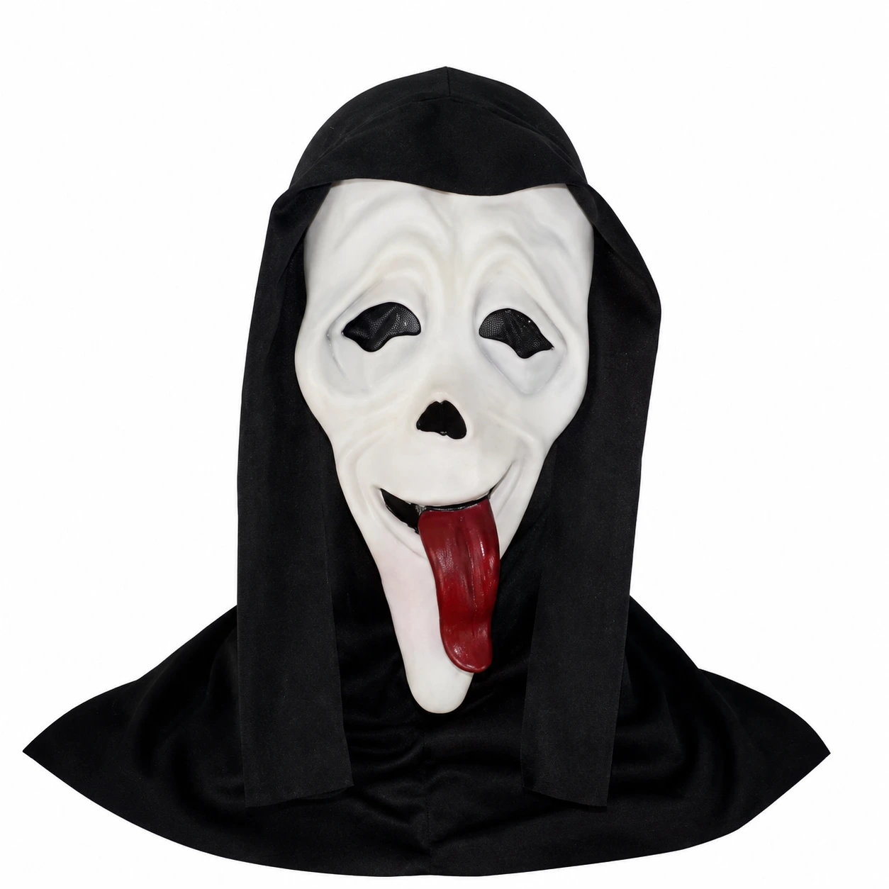 Skräckmask för halloween och cosplay med huva