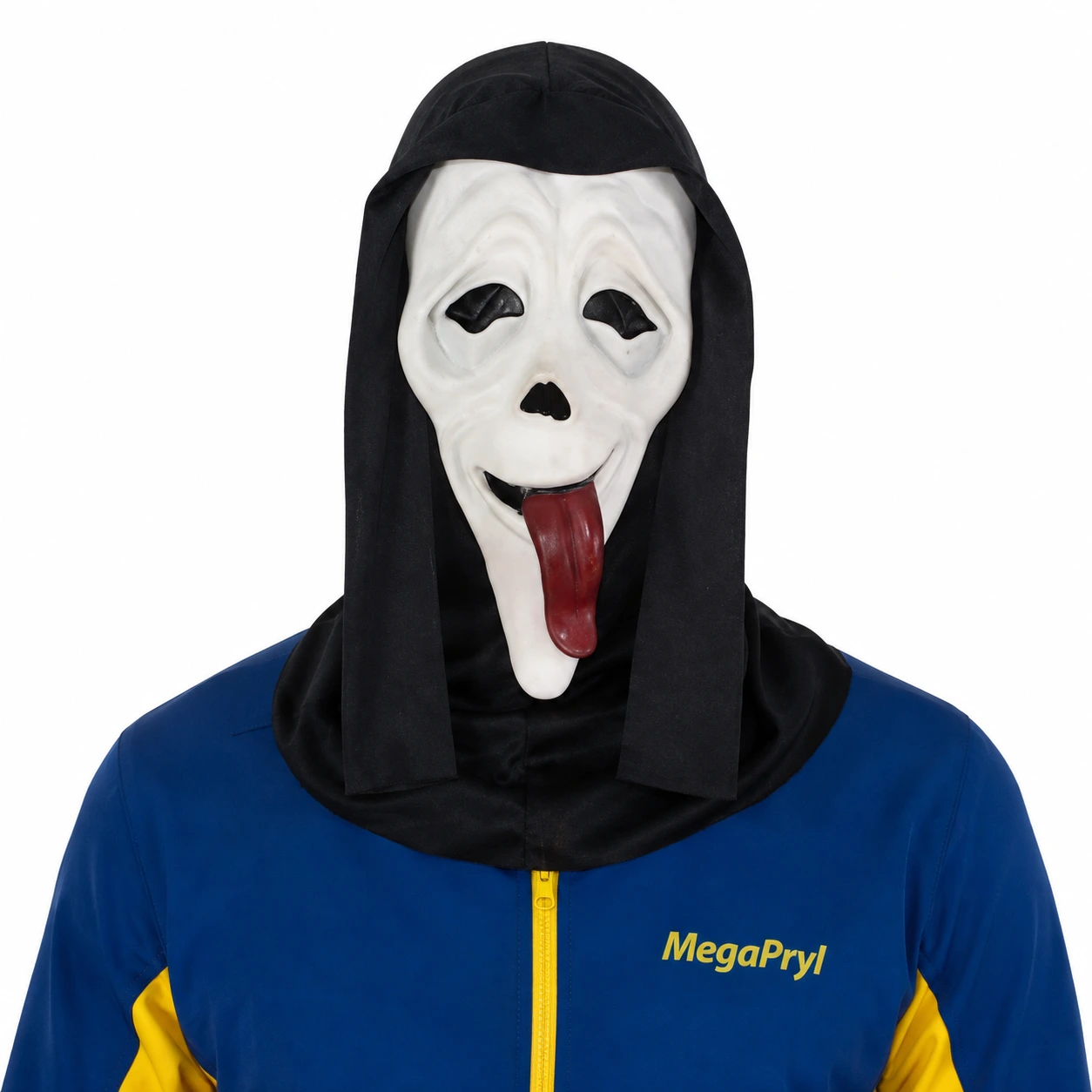 Skräckmask för halloween och cosplay med huva