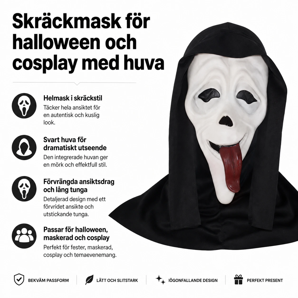 Skräckmask för halloween och cosplay med huva