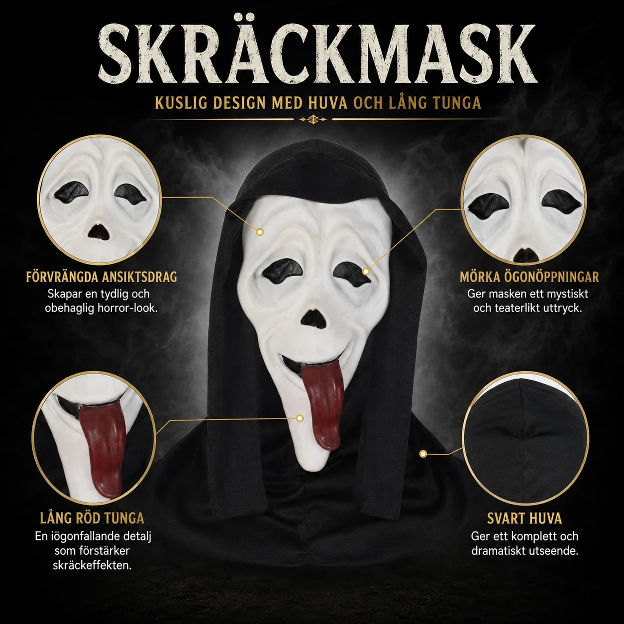Skräckmask för halloween och cosplay med huva