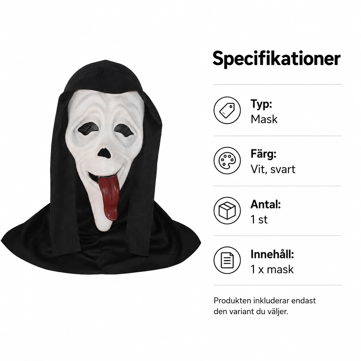 Skräckmask för halloween och cosplay med huva