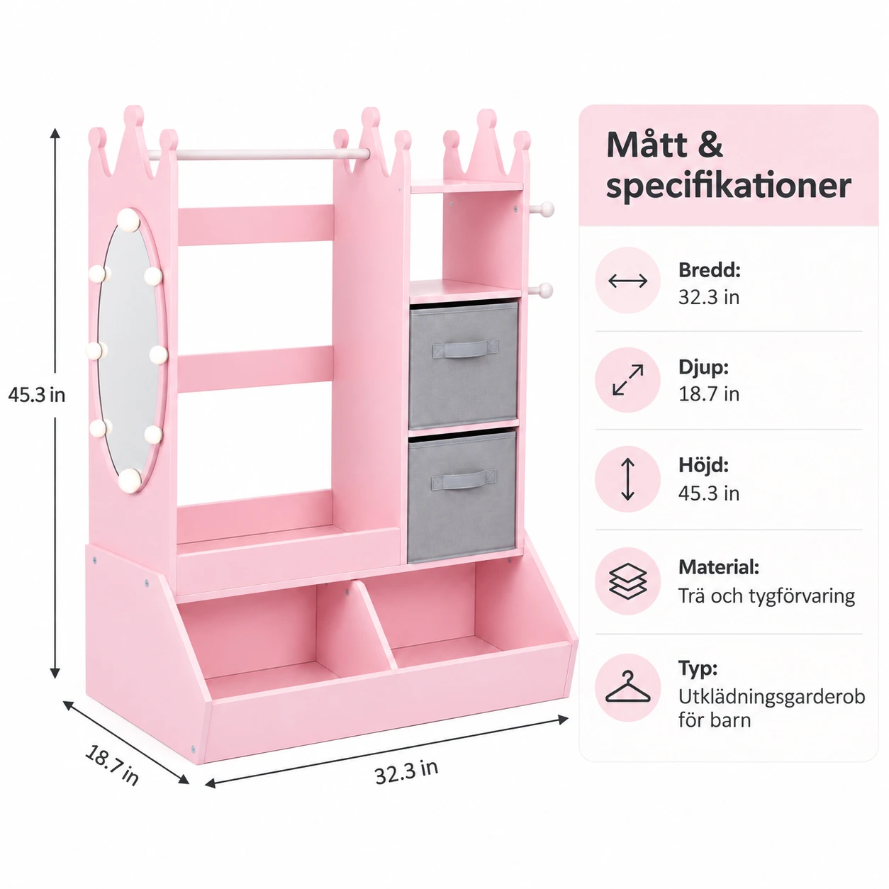Utklädningsgarderob för barn med spegel och förvaring
