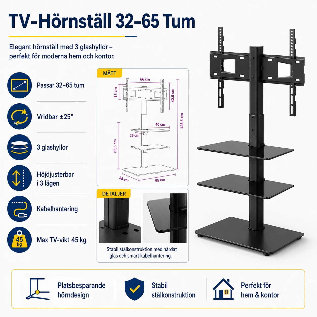 TV-Hörnställ för 32–65 Tum med 3 Glashyllor