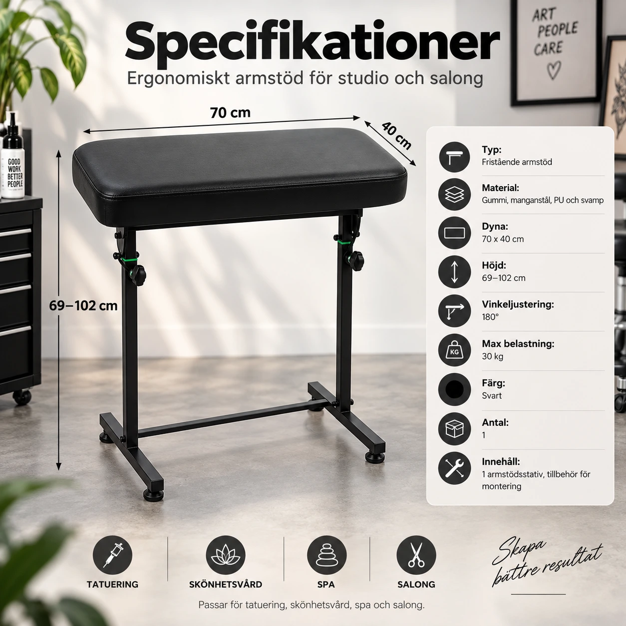 Justerbart armstöd för tatuering och skönhetsbehandling