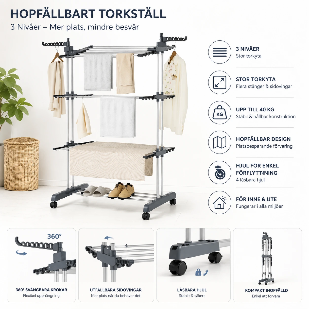 Torkställ med 3 Nivåer och Hjul – Hopfällbart Silver/Grått