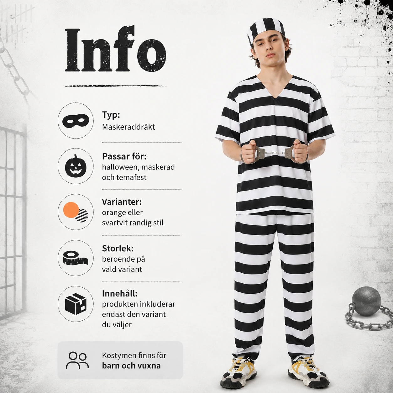 Fångdräkt för maskerad och halloween
