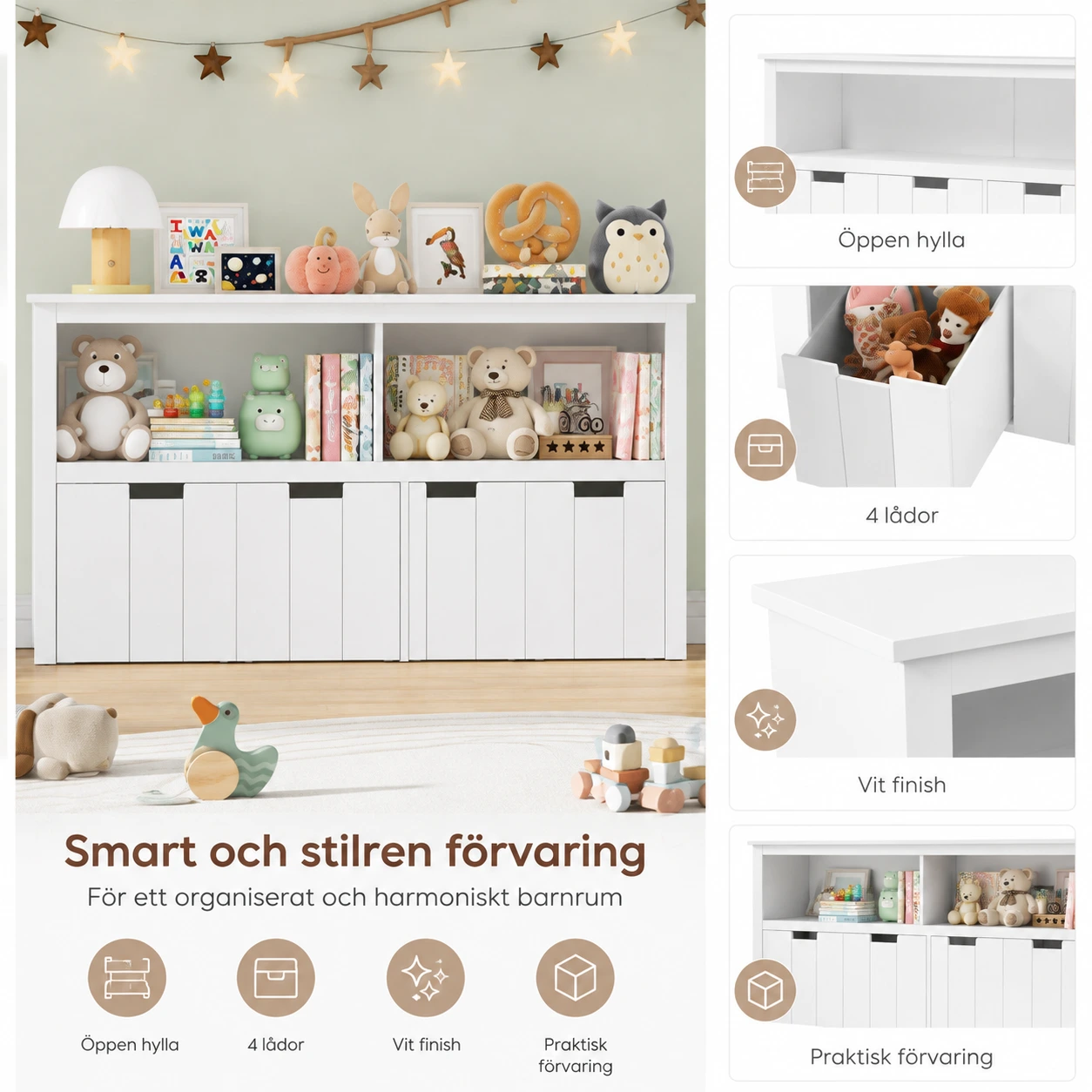 Leksaksförvaring för barnrum med 4 lådor och hylla