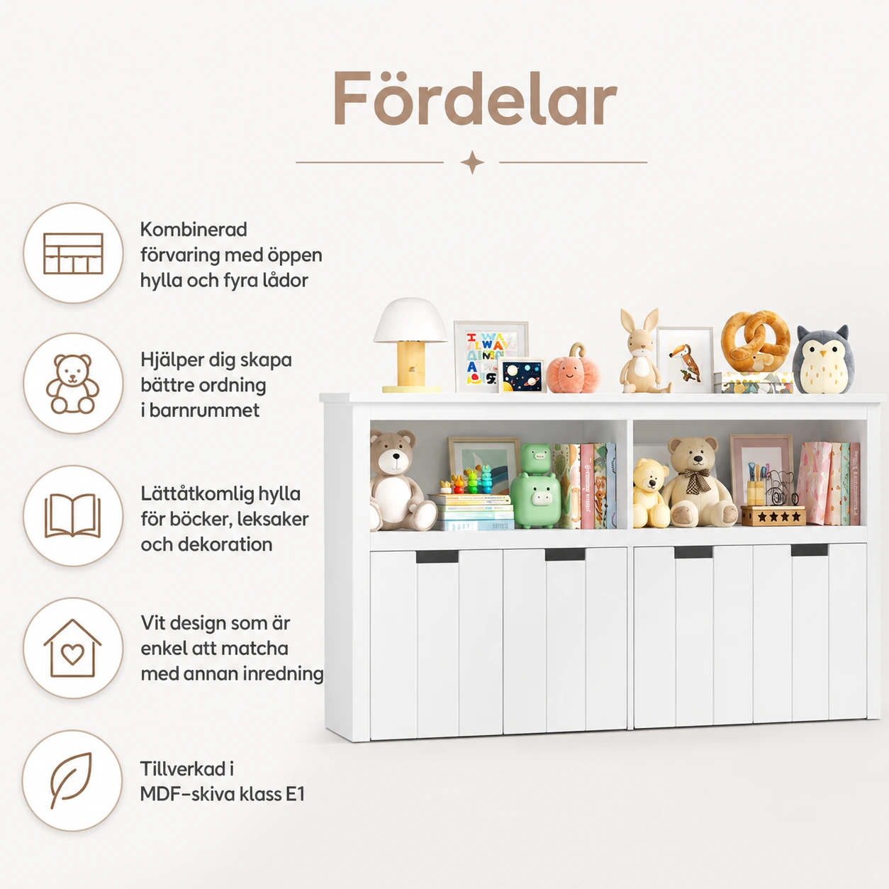 Leksaksförvaring för barnrum med 4 lådor och hylla