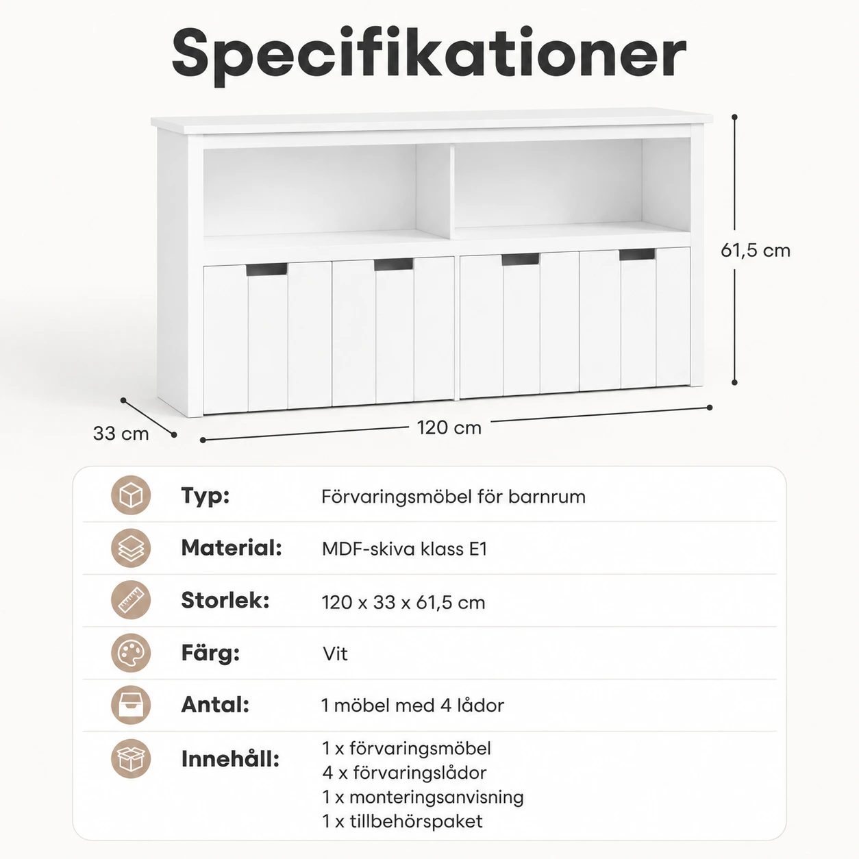 Leksaksförvaring för barnrum med 4 lådor och hylla