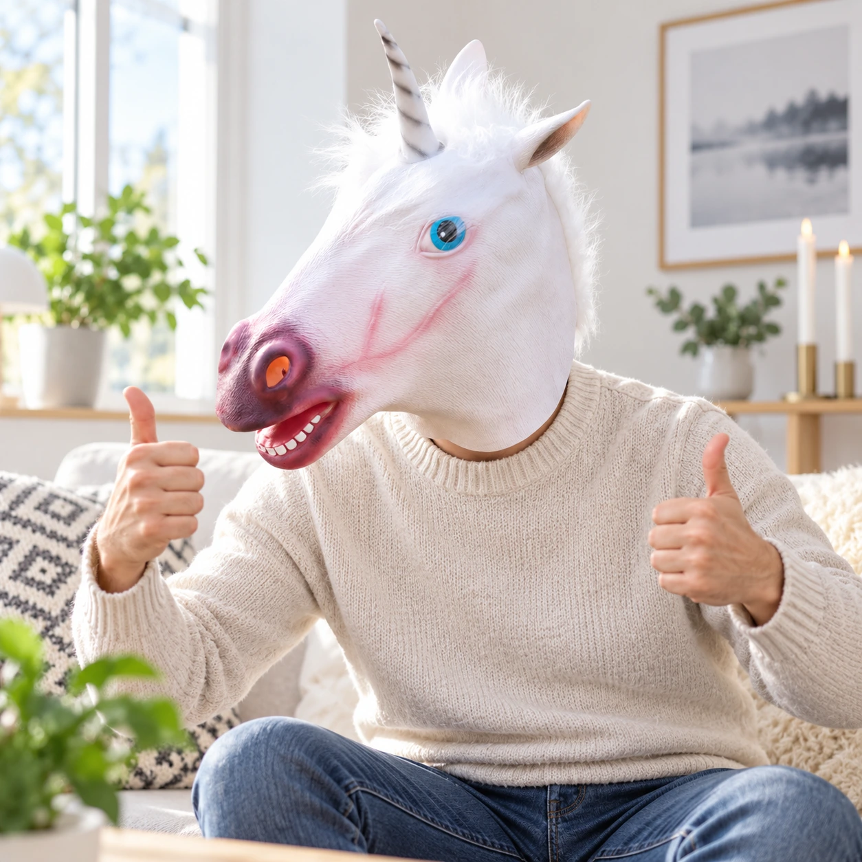 Vit Enhörning Latexmask med Horn